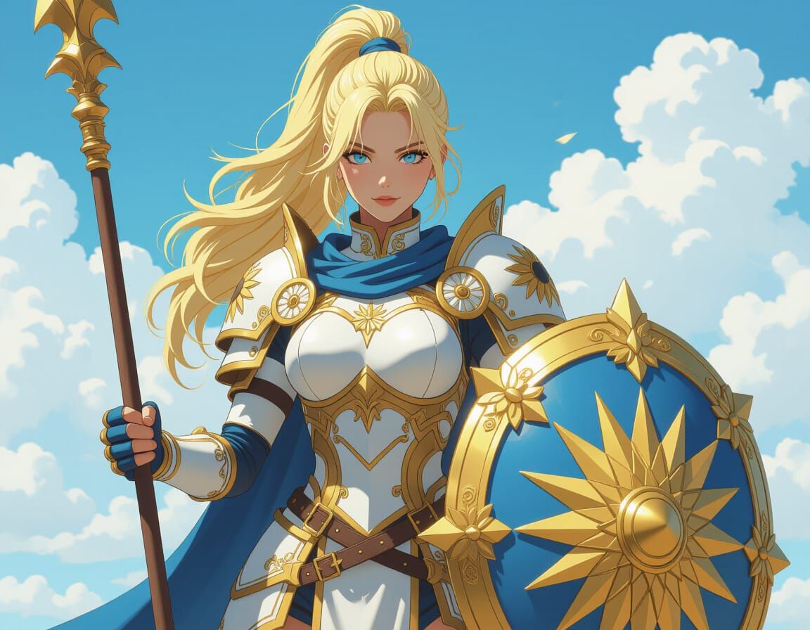 Anime Woman Warrior with Sunburst Shield