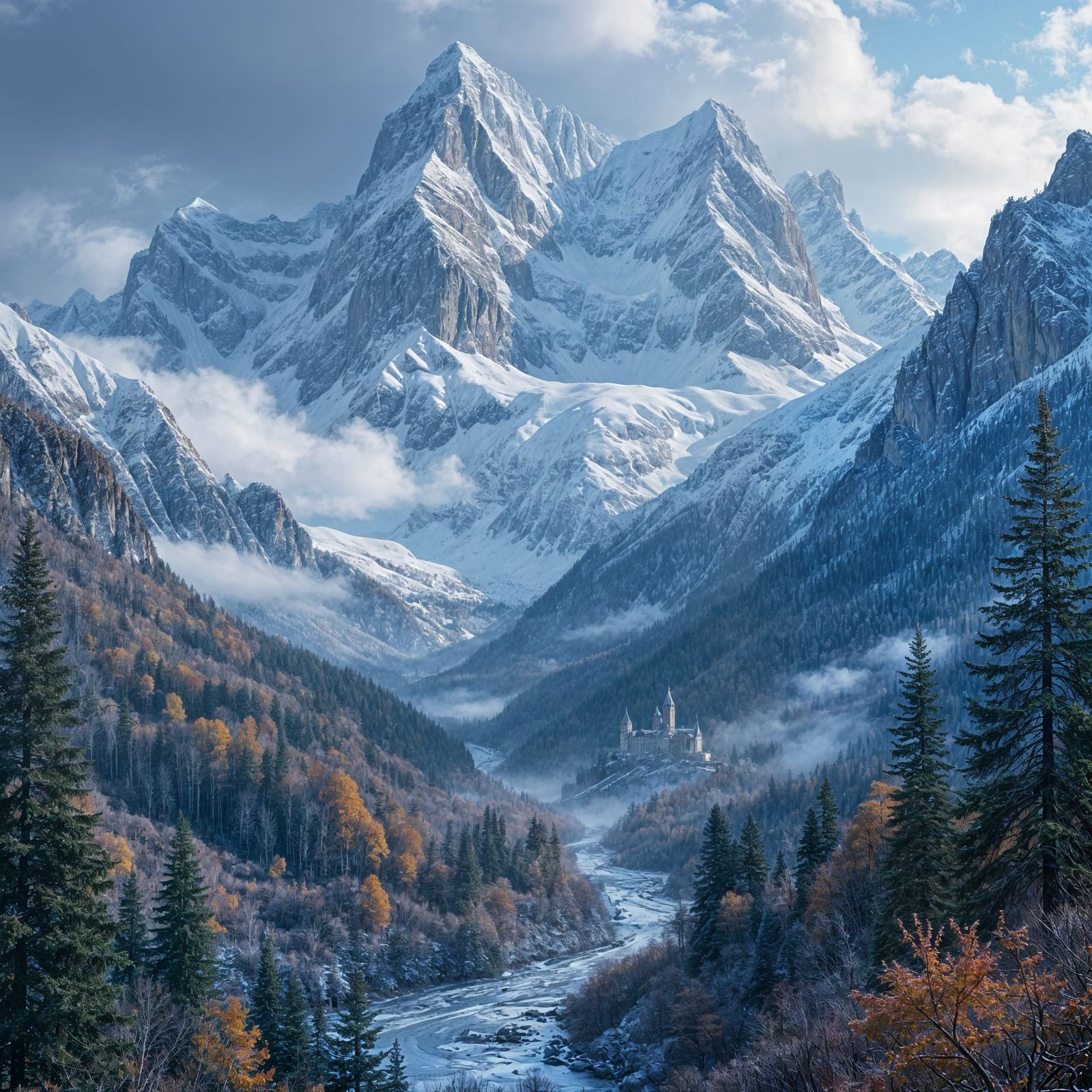 Fantasy Mountain Landscape with Distant Castle