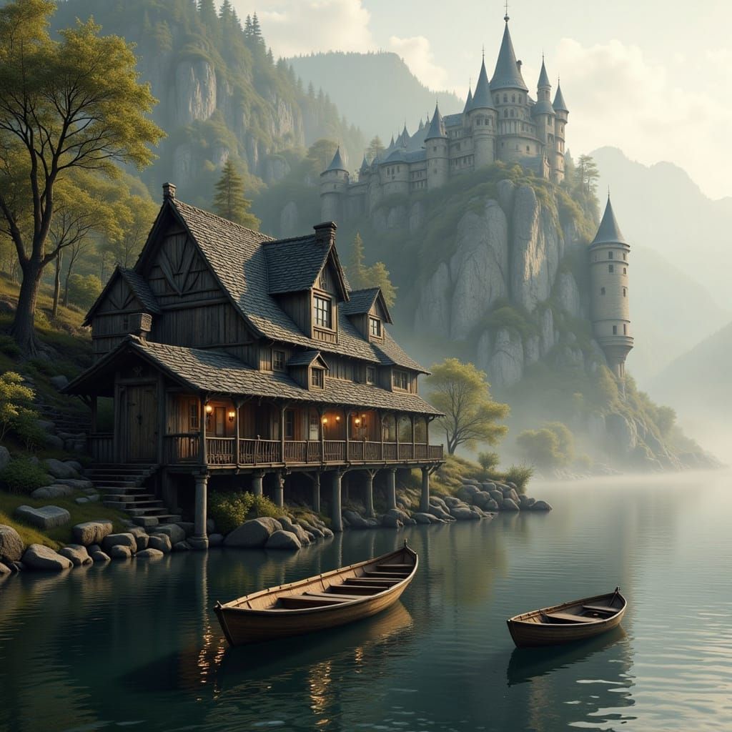 Medieval Boathouse by Misty Lake with Fantasy Castle