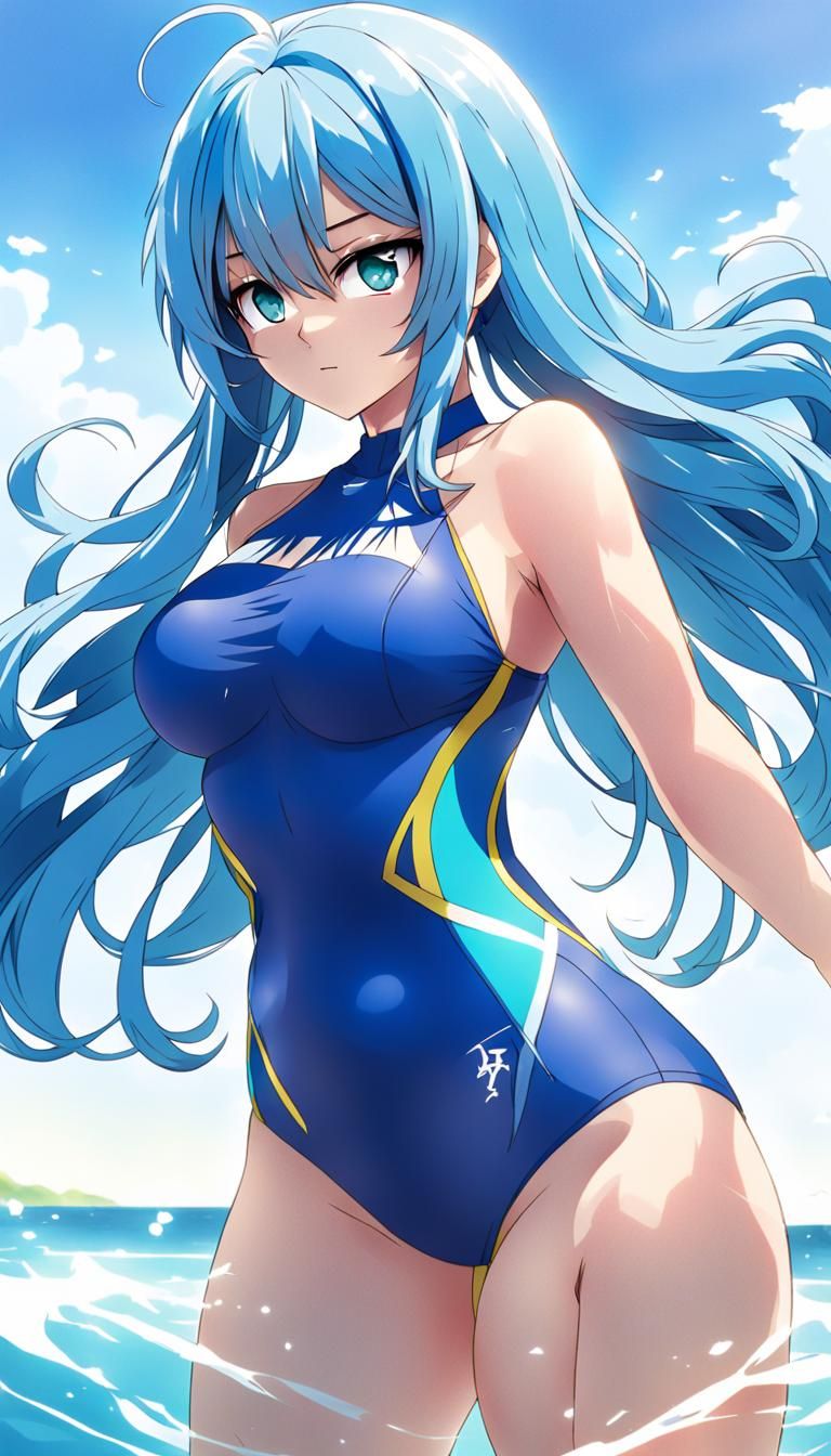Blue Haired Anime Girl in Blue Swimsuit