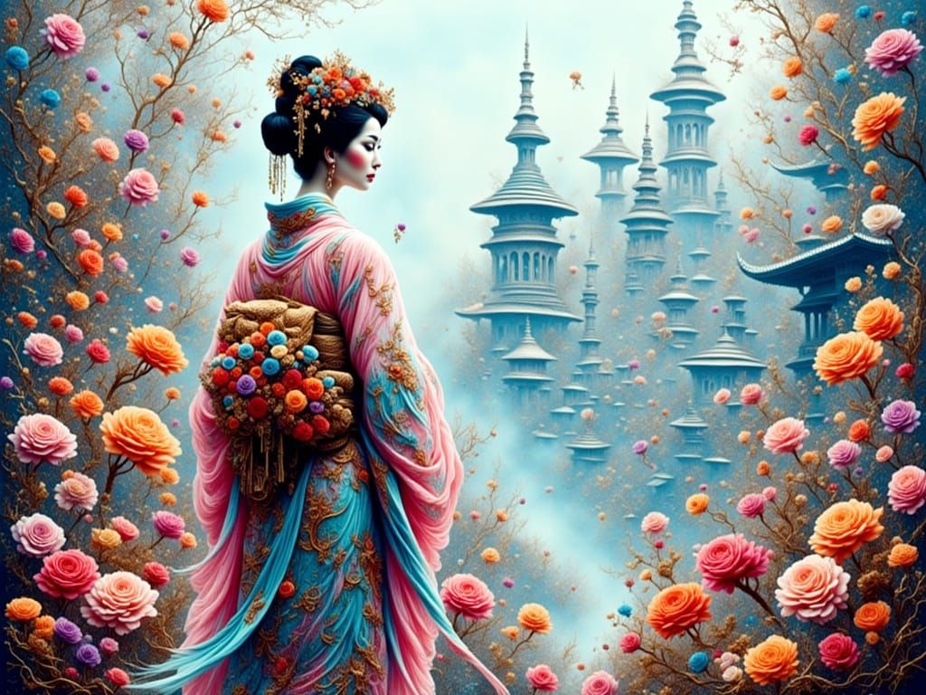 Geisha in Floral Landscape with Distant City