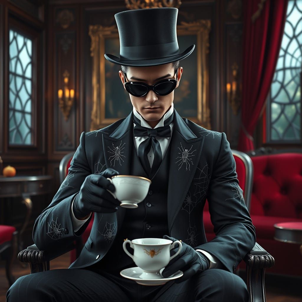 Elegant Gentleman Sips Tea in Mysterious Victorian Setting