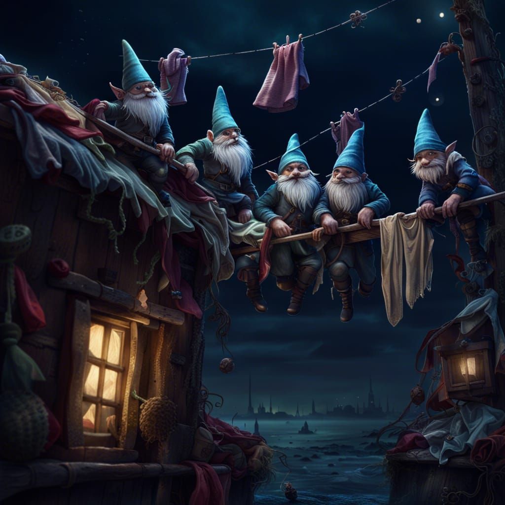 Night Gnomes Stealing Laundry: Fantasy Concept Art