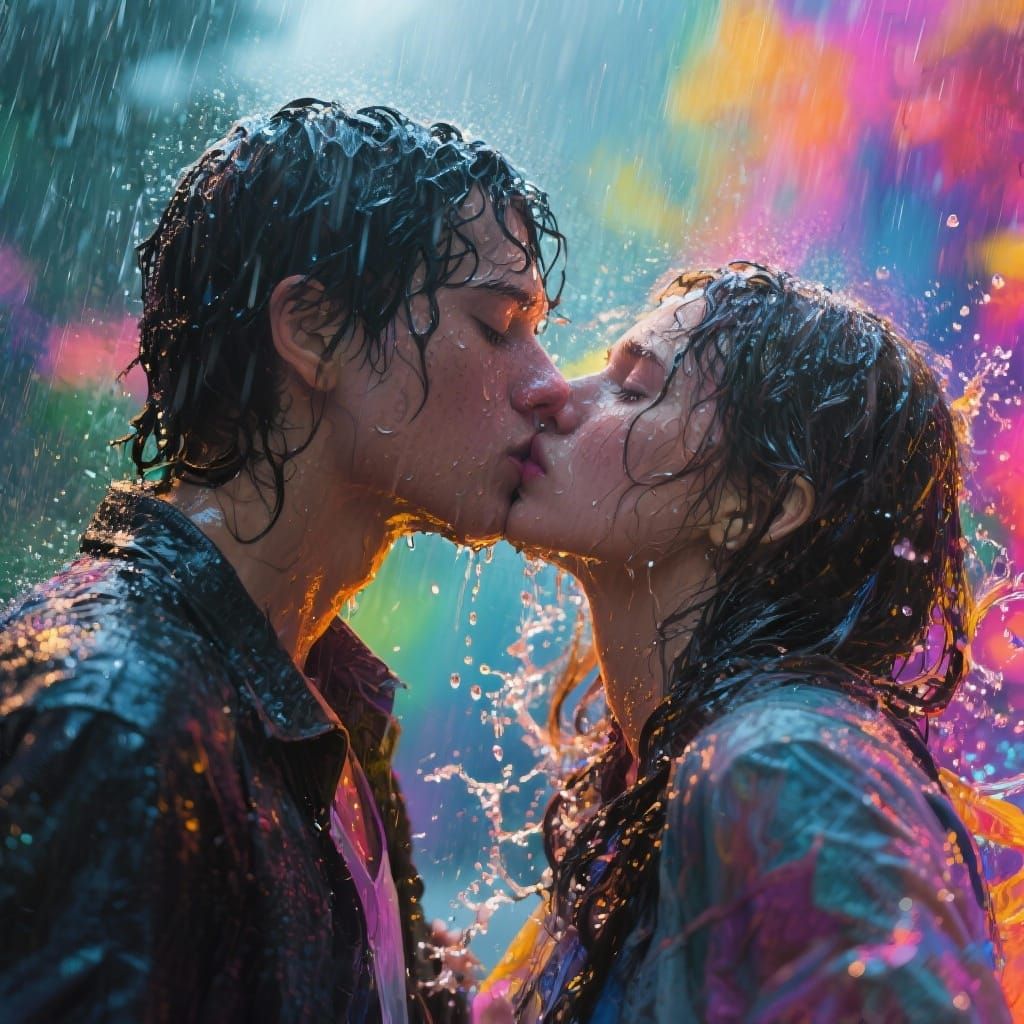 Couple Kissing in Vibrant Rainy Splash Art