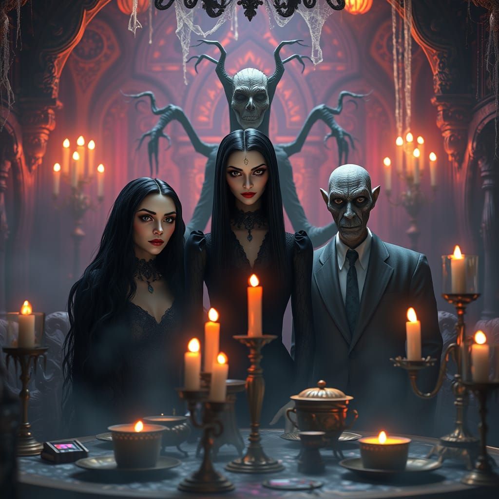 Addams Family Characters in Dark Fantasy Victorian Lair