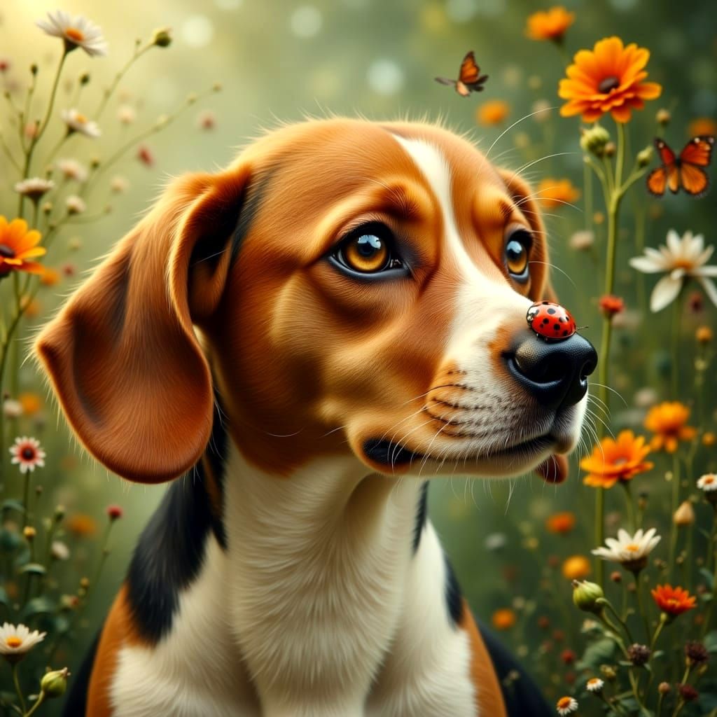 Hyperdetailed Beagle Portrait with Ladybug