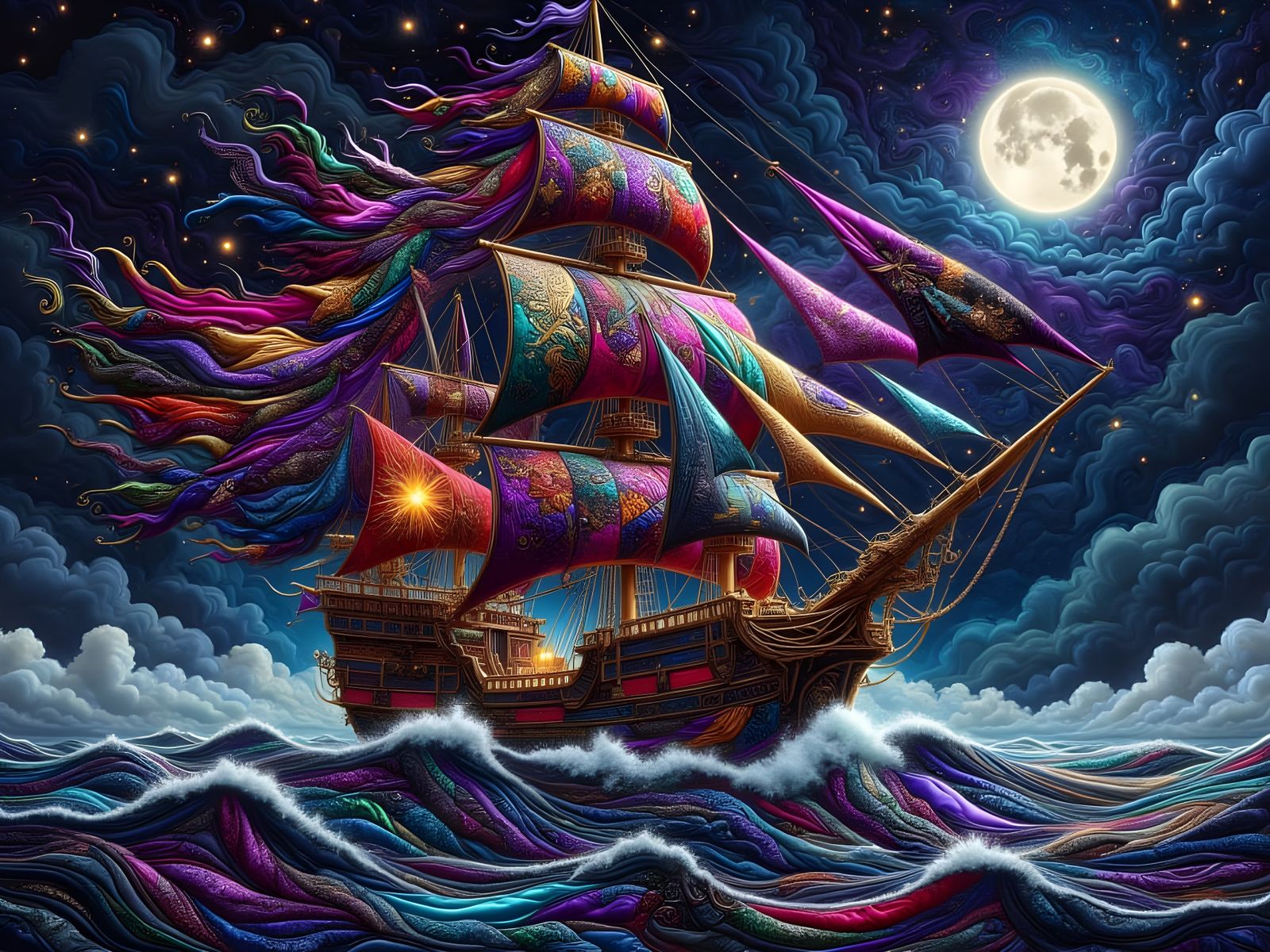 Crazy Quilted Pirate Ship at Night