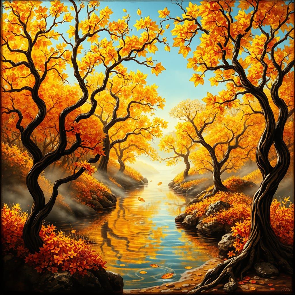 Surreal Autumn Scene with Golden Trees and Misty River