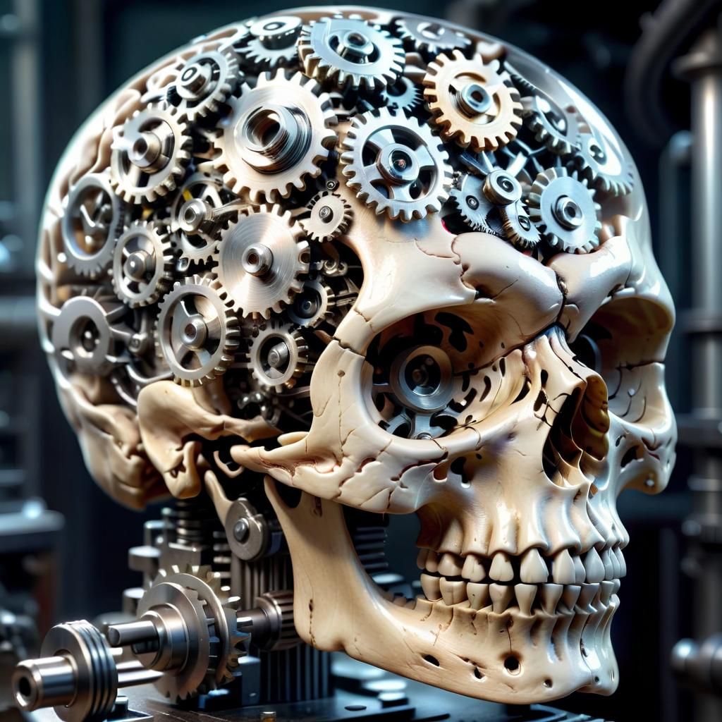Hyperrealistic Skull with Tiny Gear Workers