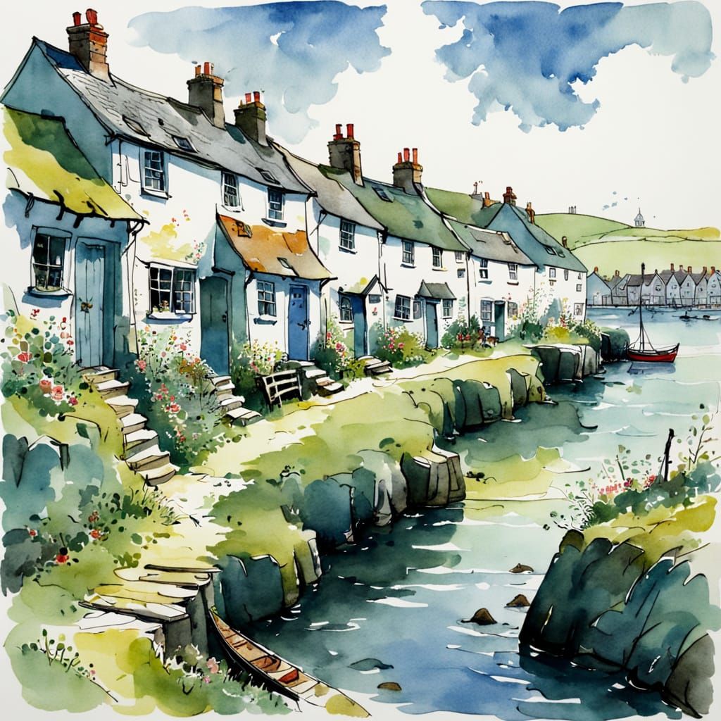 Charming Fisherman's Cottages in Quentin Blake Style