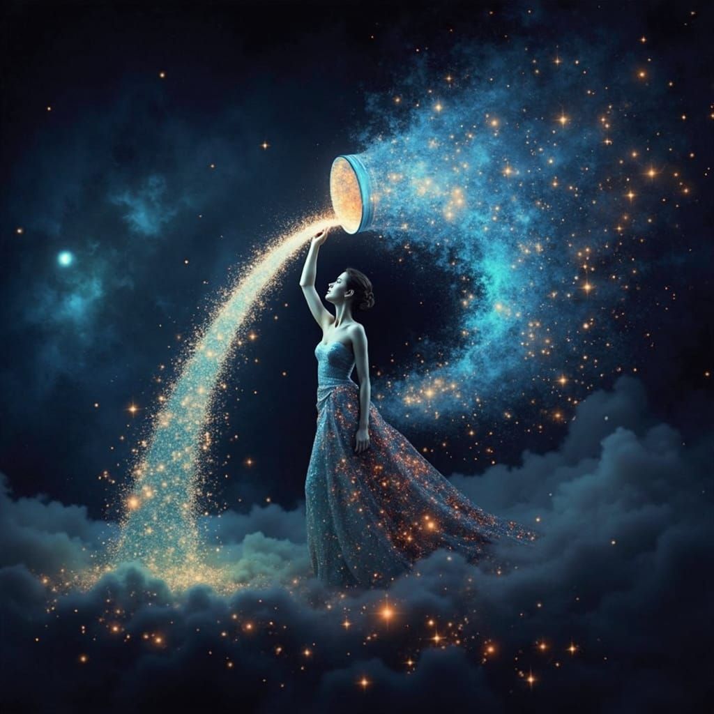 Celestial Woman Creates the Galaxy with Starry Cascade