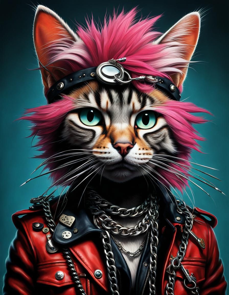 Punk Cat with Piercings in New Wave Style
