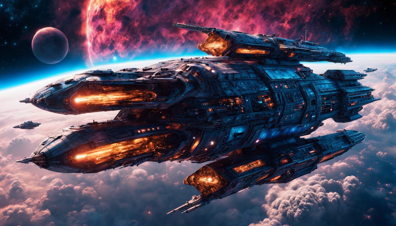 Majestic Star Cruiser in Nebula Landscape