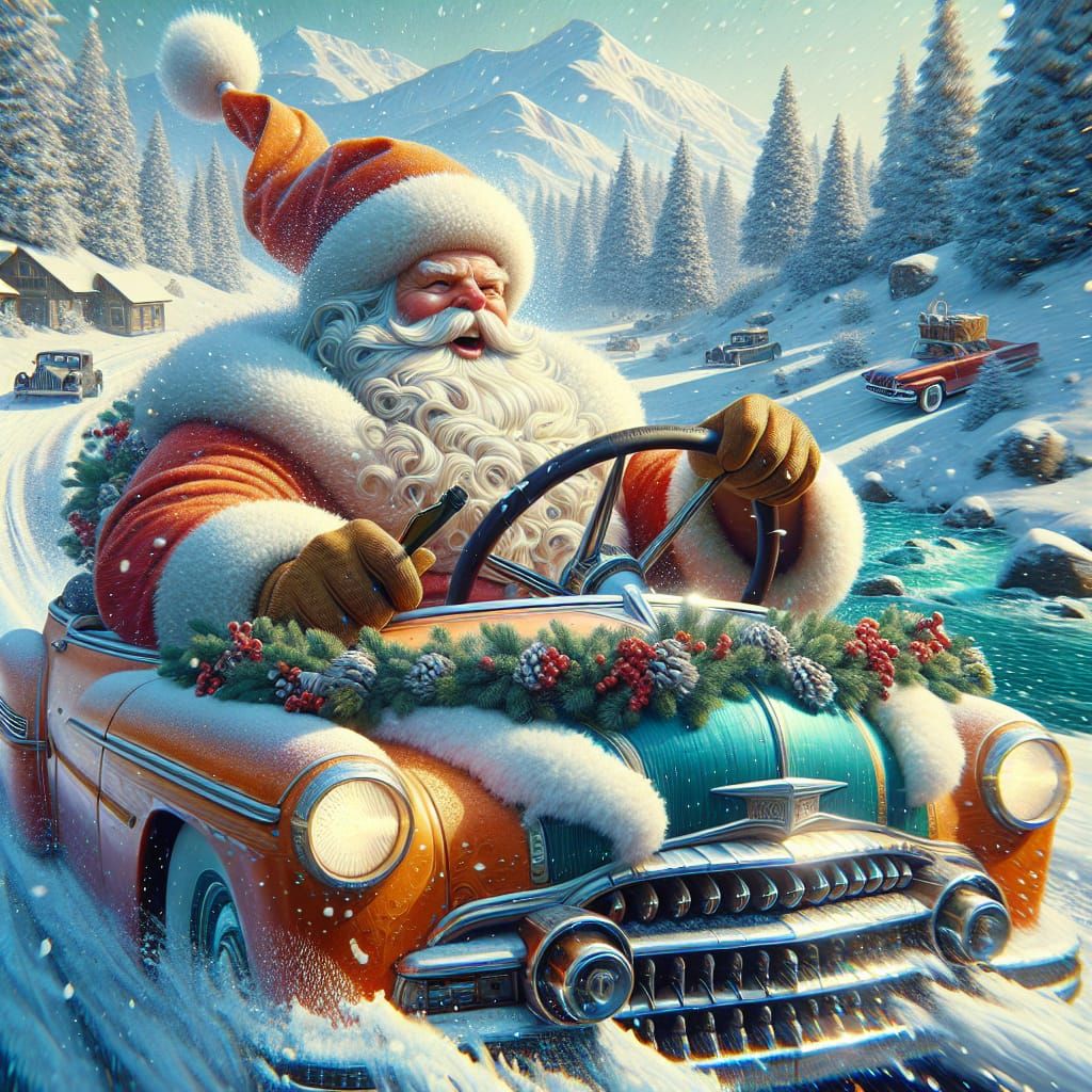 Santa Claus Drives Convertible in Snowy Landscape