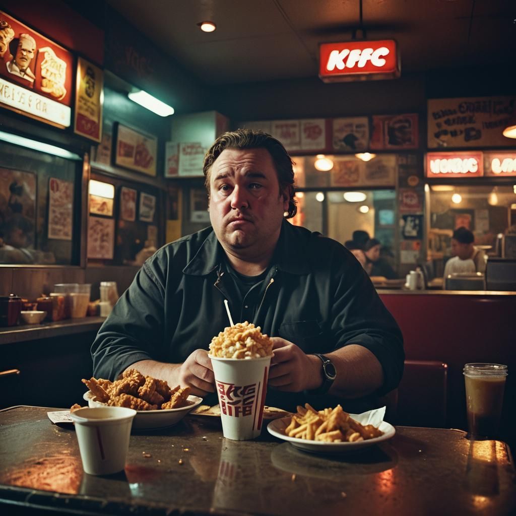 Gritty Diner: Man Eats KFC, Cinematic Film Still