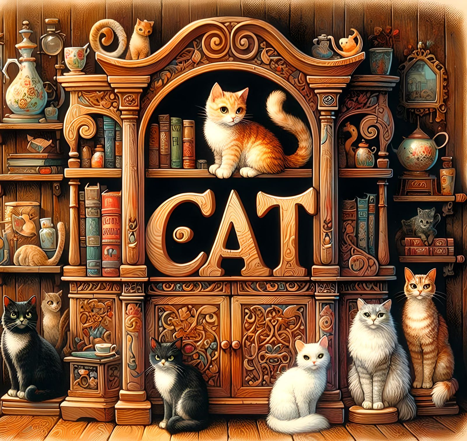 Whimsical Cats Surround a Cozy Bookcase