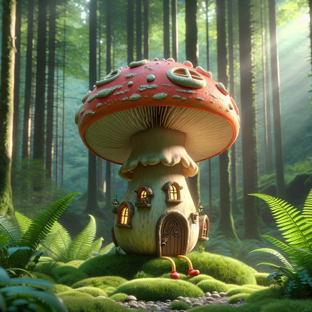 Animated Mushroom House Character in Forest