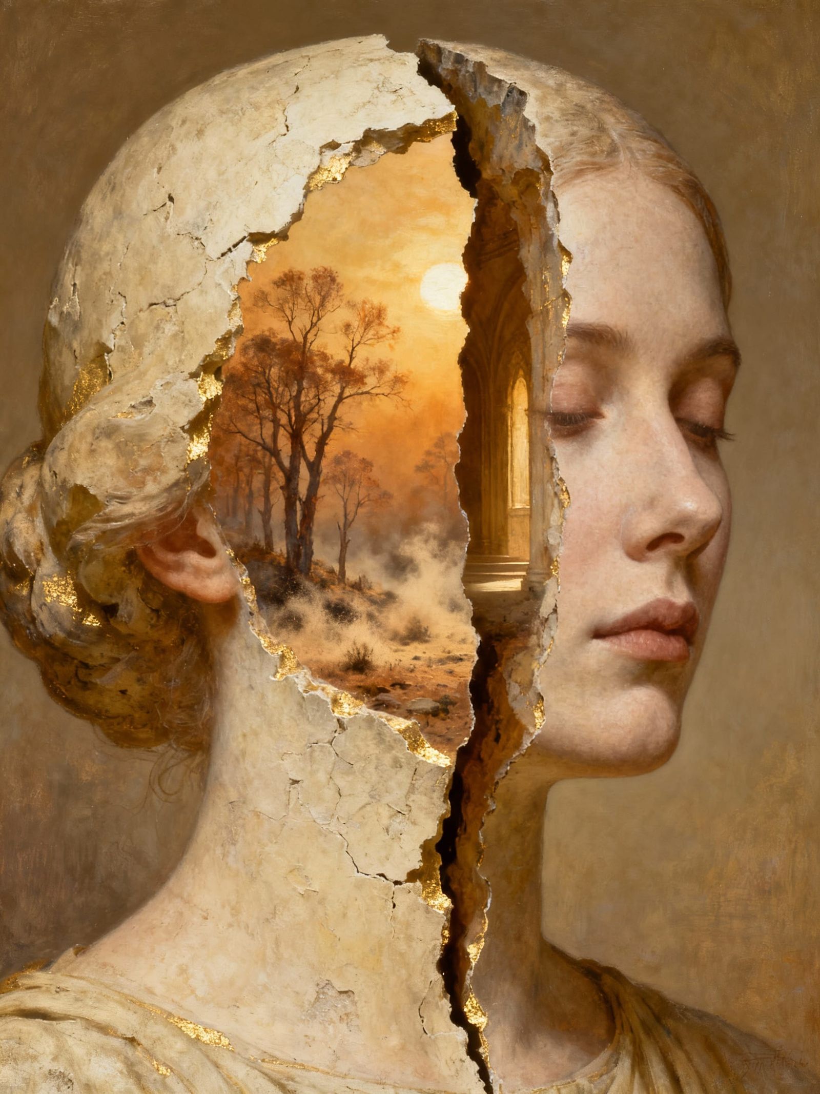 Surreal Woman's Head with Inner Landscape
