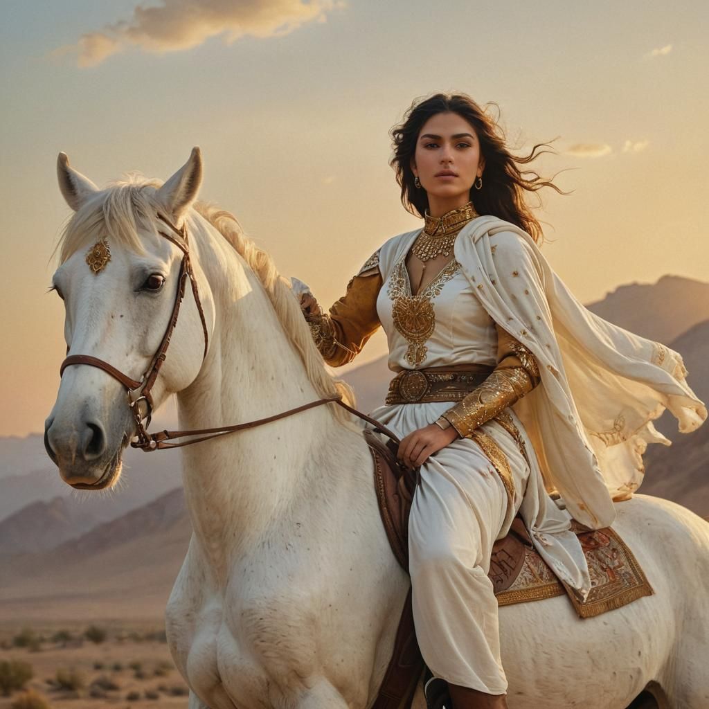 Nomad Girl on Horse in Classical Oil Painting Style