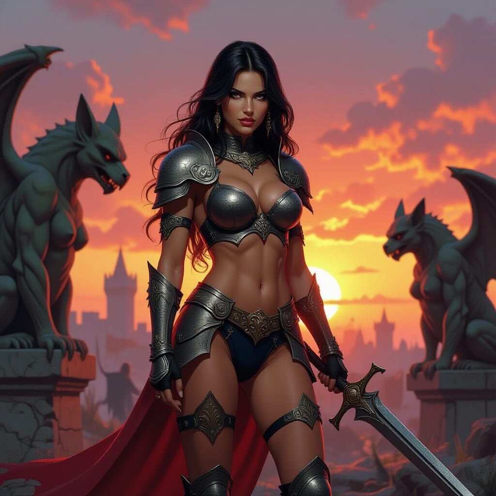 Armored Warrior Amid Gargoyles at Sunset