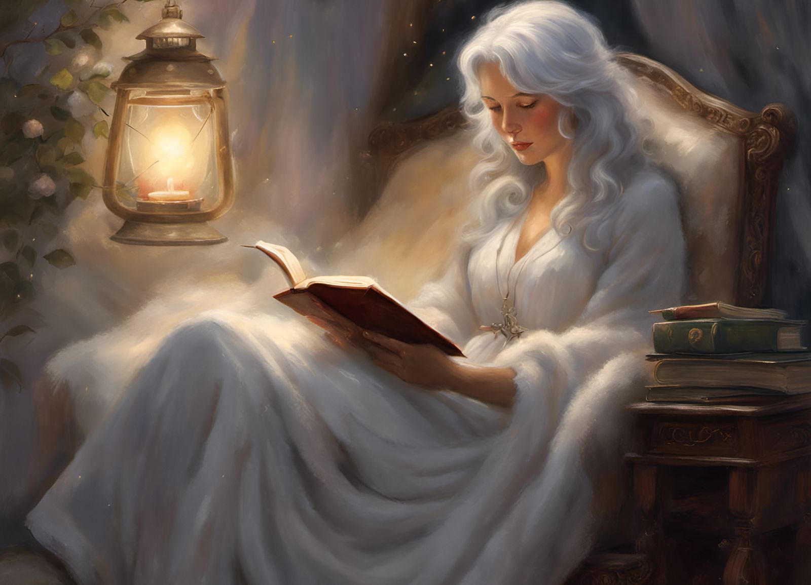 Ethereal Woman Reading by Lantern Light