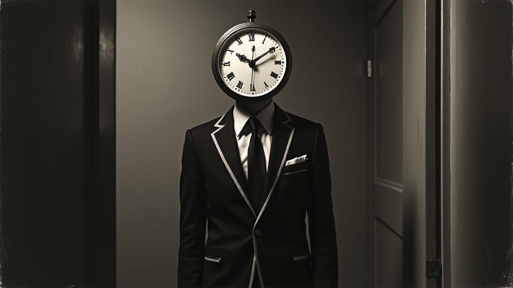 Surreal Clock-Faced Man in 1970s Style