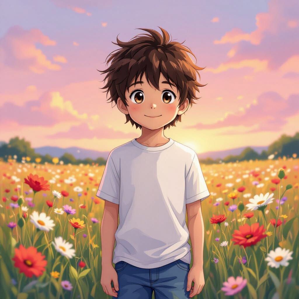 Young Boy in Wildflower Field at Sunset Anime Style