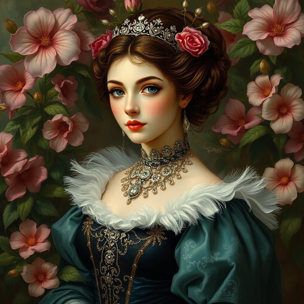 Elegant Woman Surrounded by Flowers in Pre-Raphaelite Style