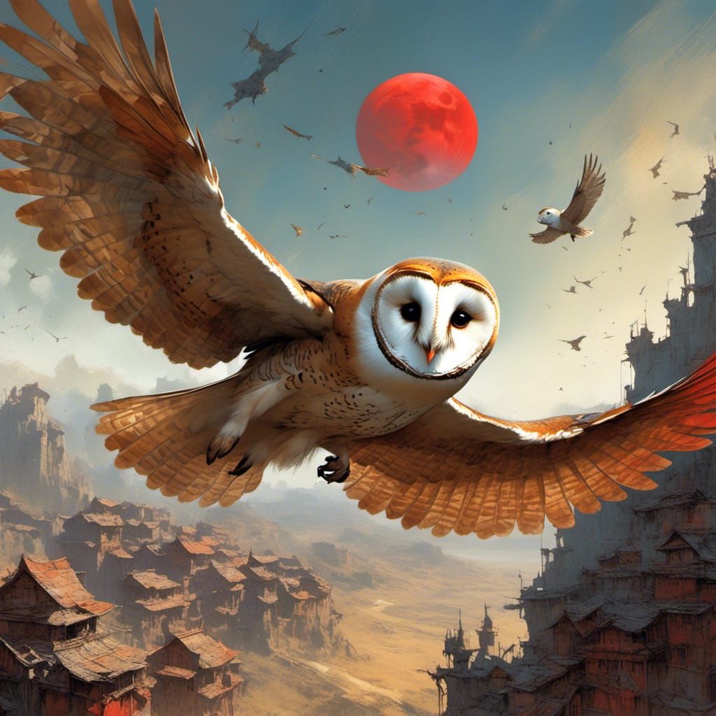 Barn Owl Flying Under Red Crescent Moon