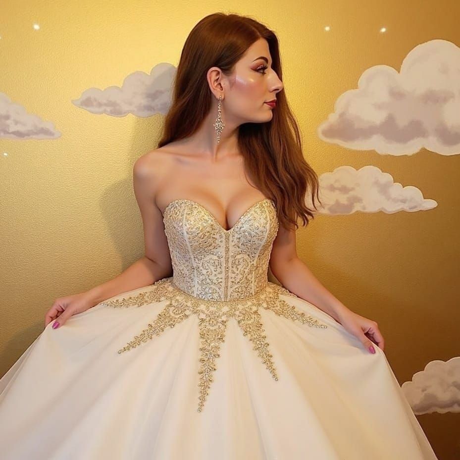 Elegant Woman in Gold Fashion Dress, Oil Painting