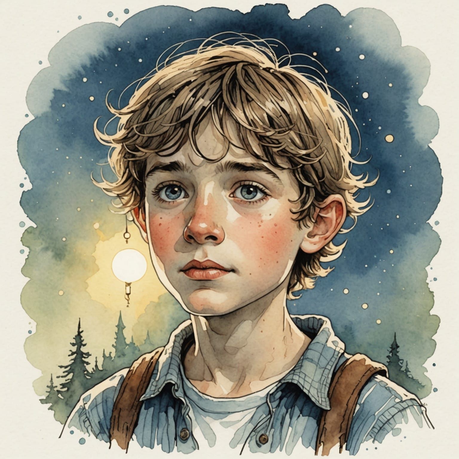 Amazed Boy Stares at Light: Storybook Illustration