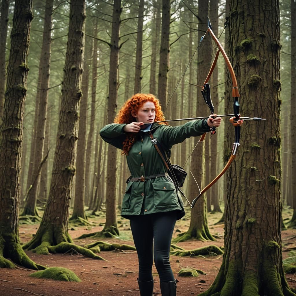 Teenage redheaded girl with curly hair shooting an arrow into a bullseye target in an evergreen scottish forest