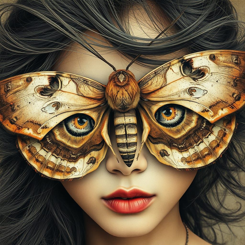 Thai Model with Moth Mask in Vintage Style