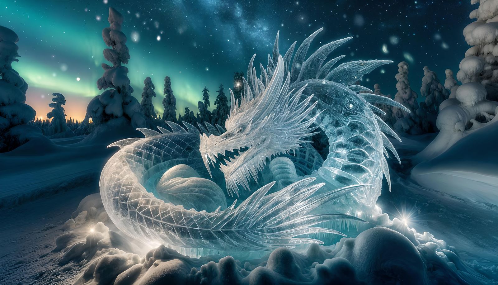 Ice Dragon Sculpture in Winter Forest at Night