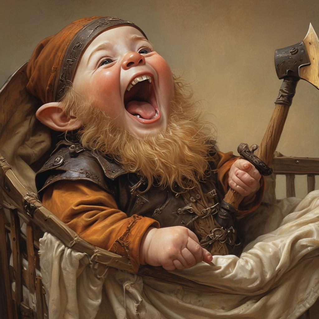Laughing Baby Dwarf Warrior in Crib Illustration