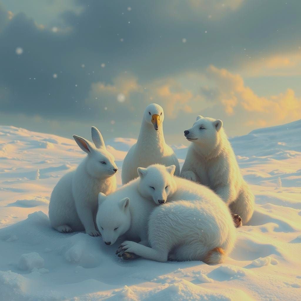 Animals in Snowy Fellowship: Detailed Matte Painting