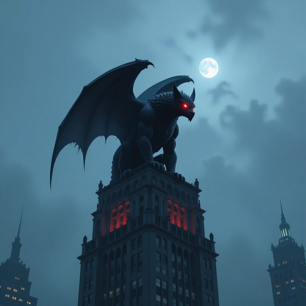 Gargoyle Overlooks Stormy Cityscape