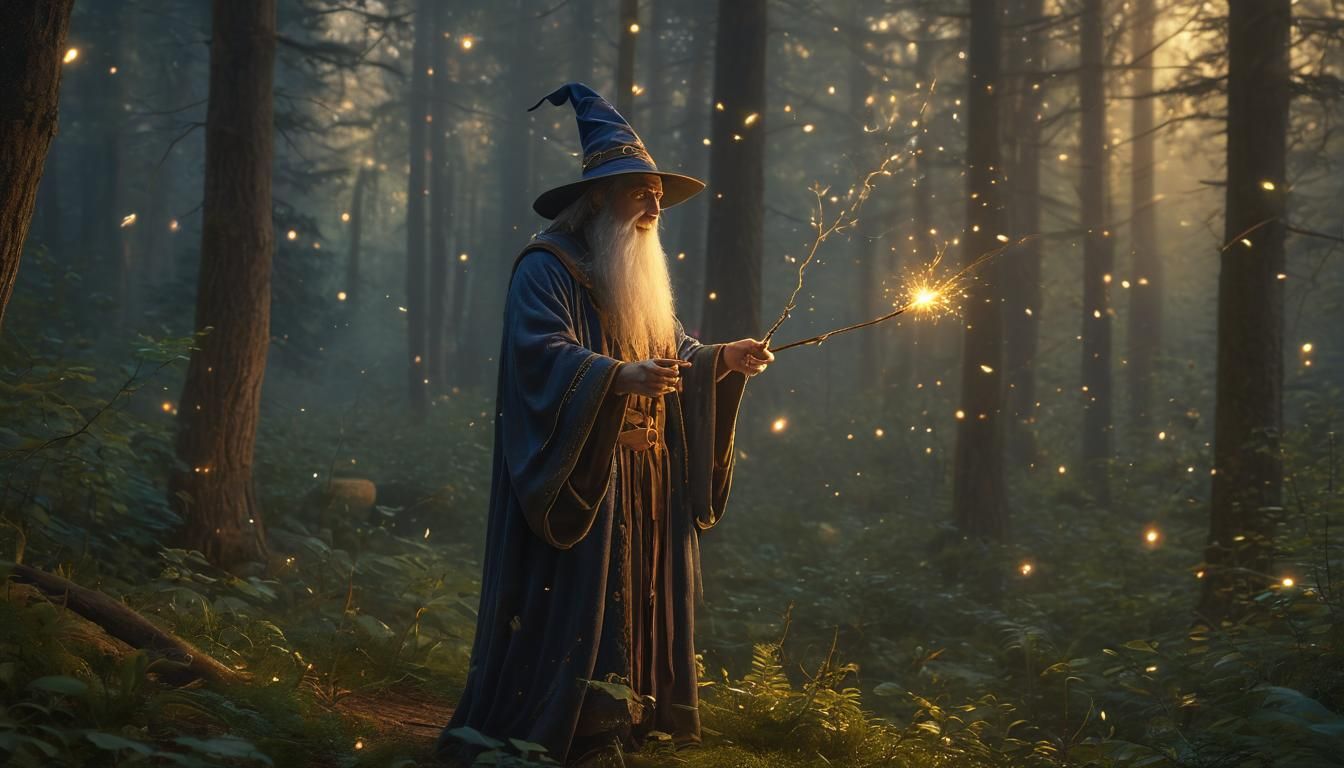 Wizard in Mystical Forest at Golden Hour