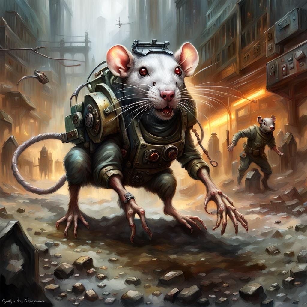 Giant Cyborg Rat in Apocalyptic Landscape