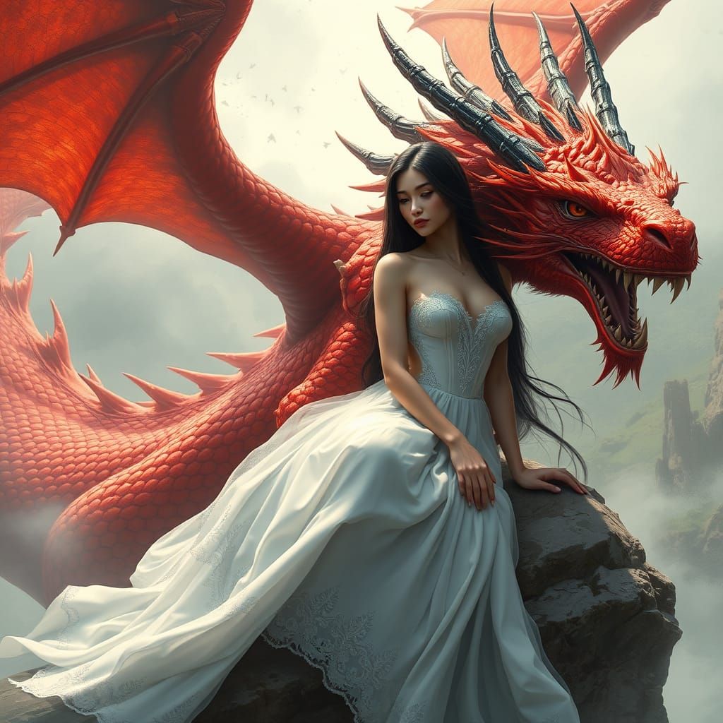 Serene woman in flowing white gown, long black hair cascading, sitting gracefully beside majestic red dragon with intric...