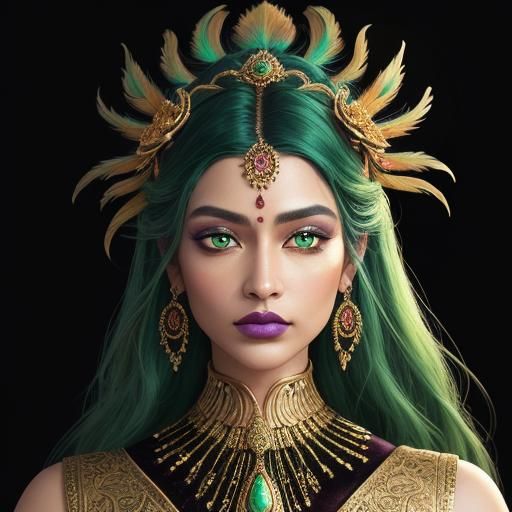 Golden Woman with Peacock Feathers, Hyperrealistic Art