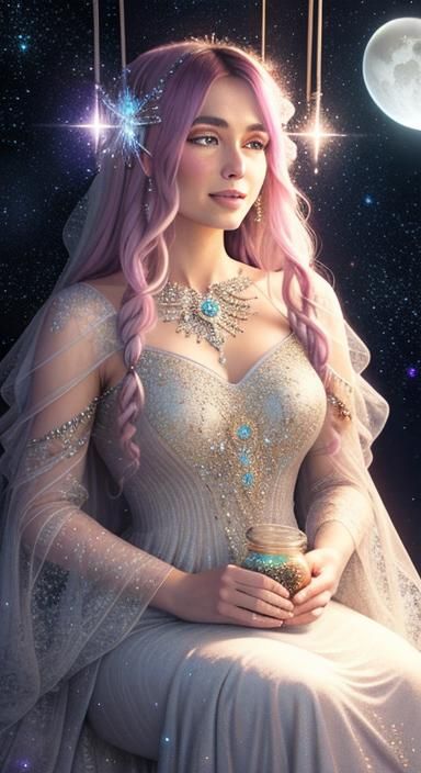 Celestial Swing: Woman and Moonbeams in Pointillism