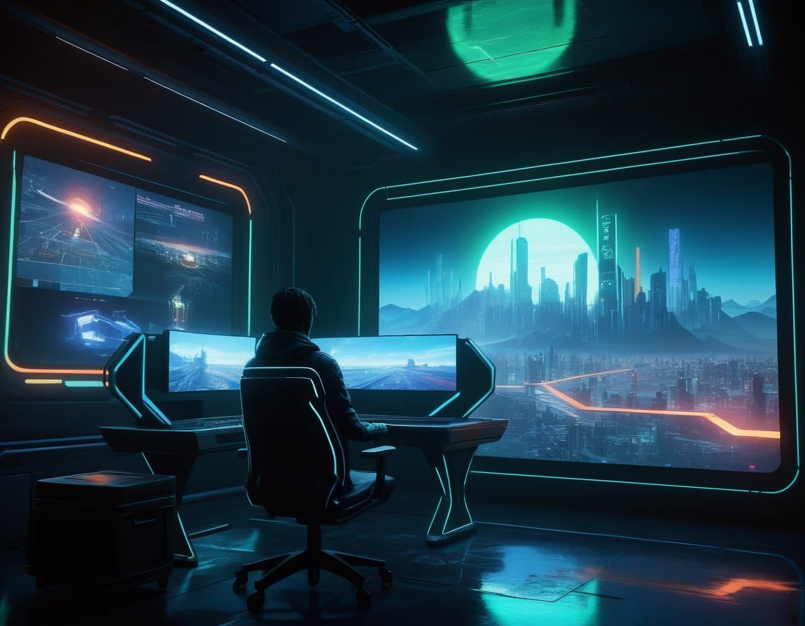 Futuristic Cityscape at Sunset, with Holographic Display and...