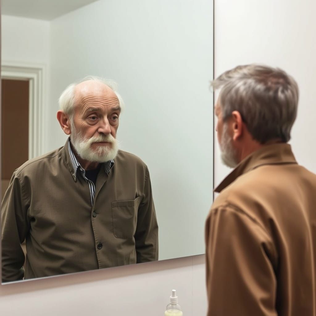 A young man looking into a large mirror at an old man versio...