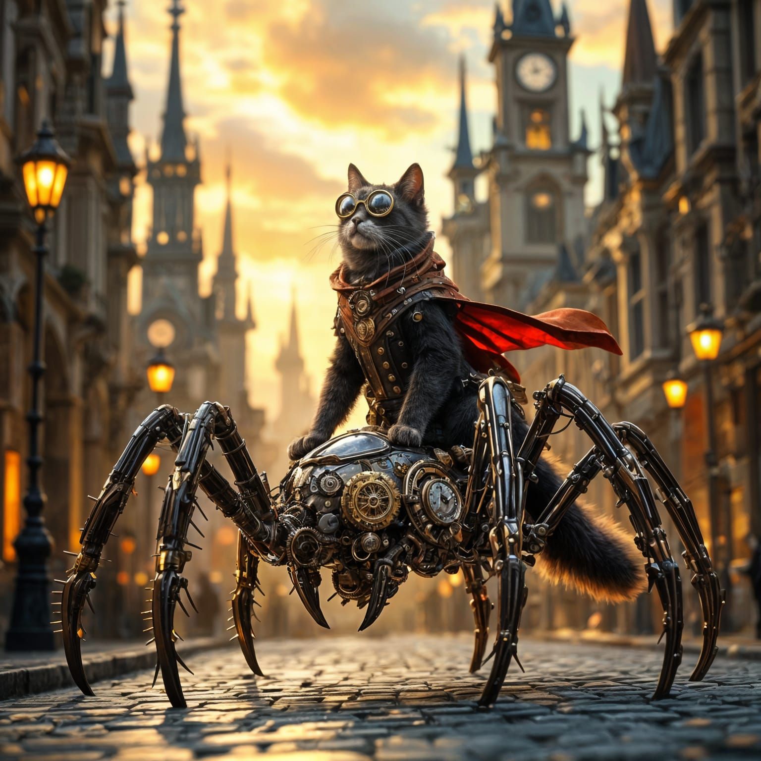 Steampunk Cat Rides Clockwork Spider