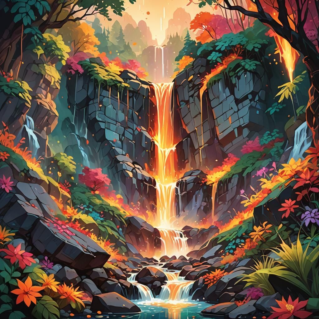 Inferno Waterfall in Colorful Forest: Concept Art