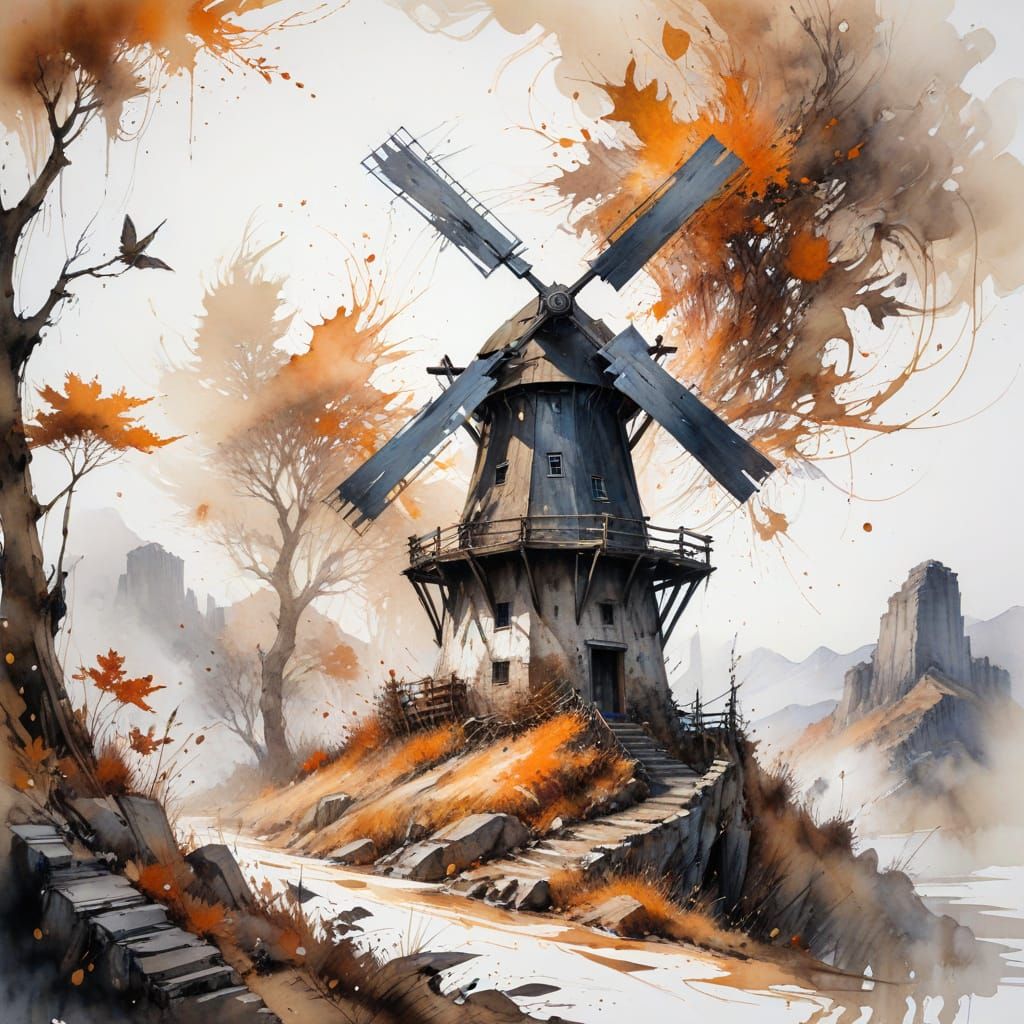 Enchanted Autumn Windmill Sunset: Watercolour Art