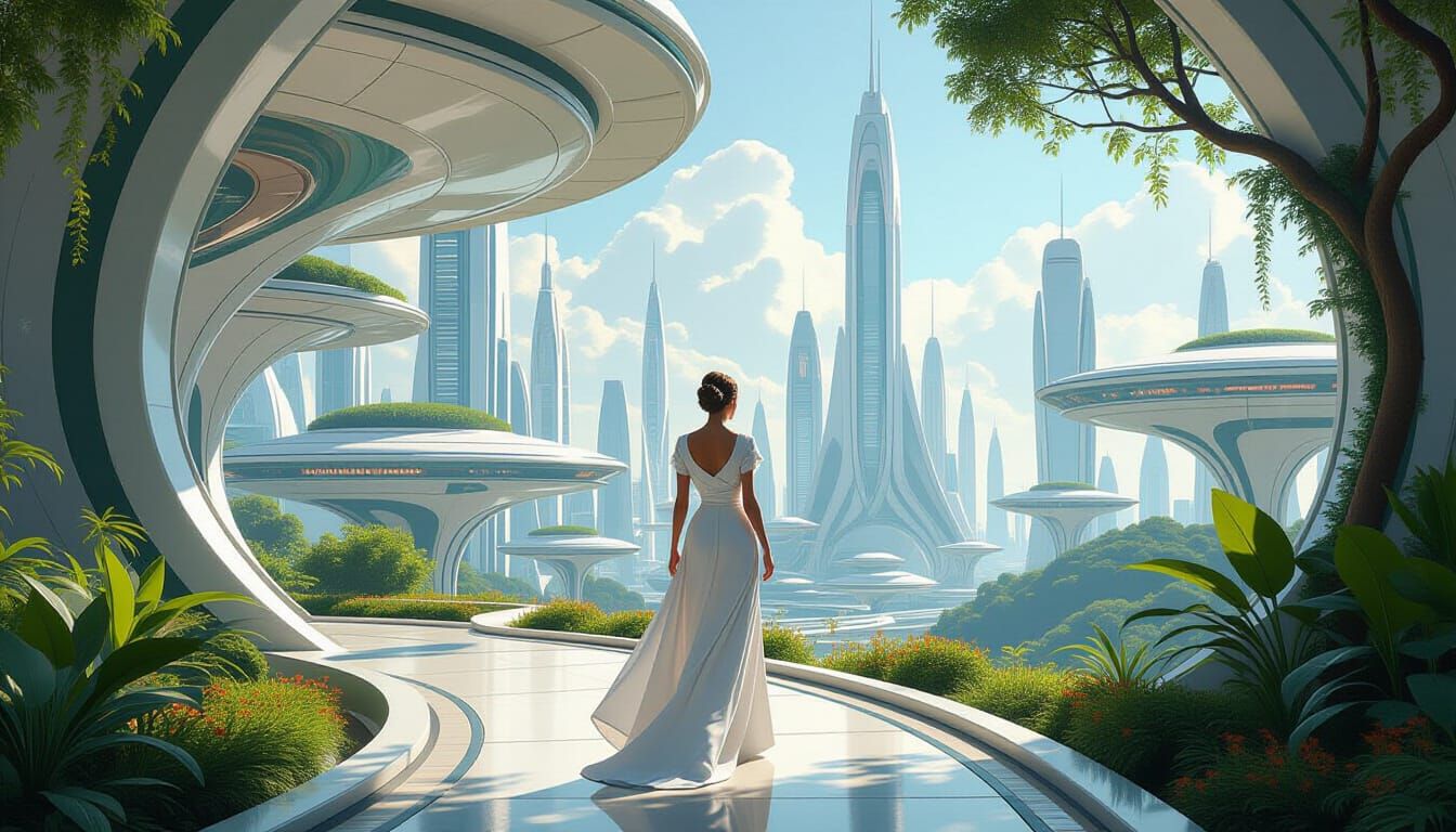 Utopic Frutiger Aero Cityscape with Serene Woman