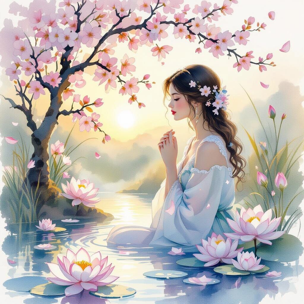 Watercolor Floral Arrangement with Dreamy Sunset