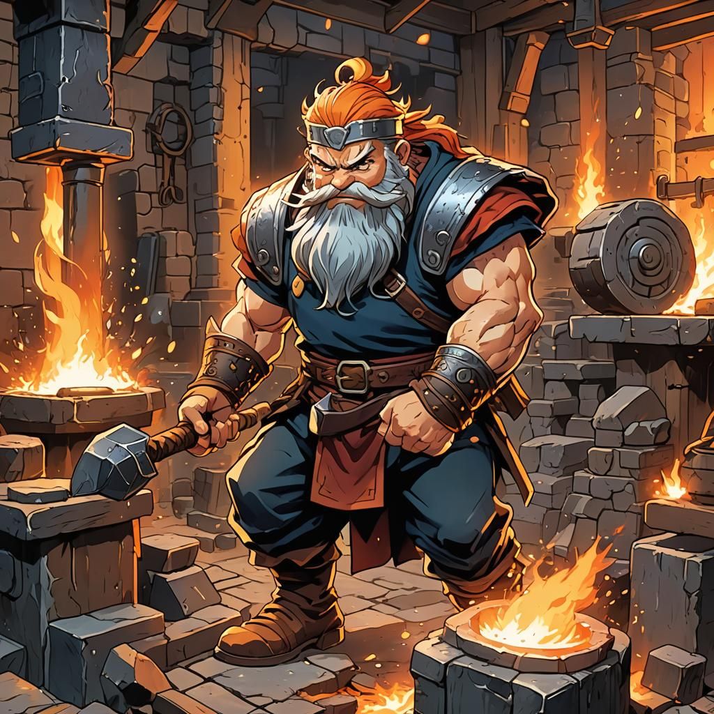 Dwarf Blacksmith Forging Mjolnir in Manga Style